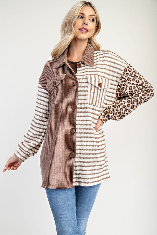 Celeste Full Size Leopard Contrast Button Up Shacket - Brittney MADE