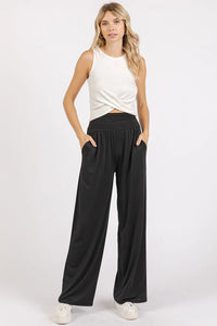 Mittoshop Stretch Banded Waist Wide Leg Pants with Pockets - Brittney MADE