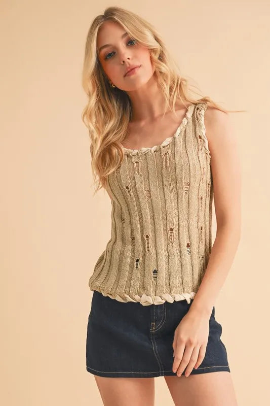 Aemi+Co Distressed Detail Round Neck Knit Tank - Brittney MADE