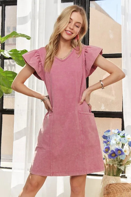 ADORA Mineral Washed V-Neck Ruffled Cap Sleeve Dress - Brittney MADE