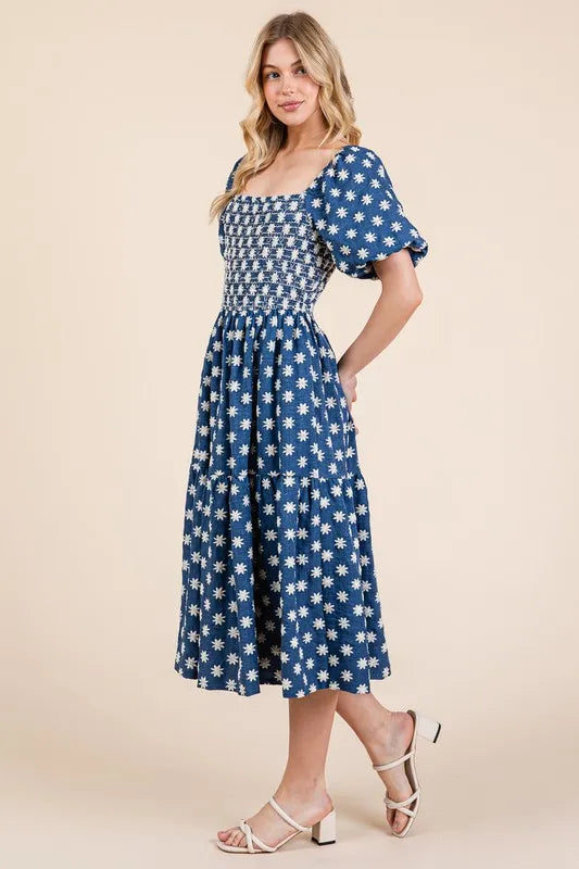 GeeGee Floral Embroidered Smocked Puff Sleeve Tiered Midi Dress - Brittney MADE