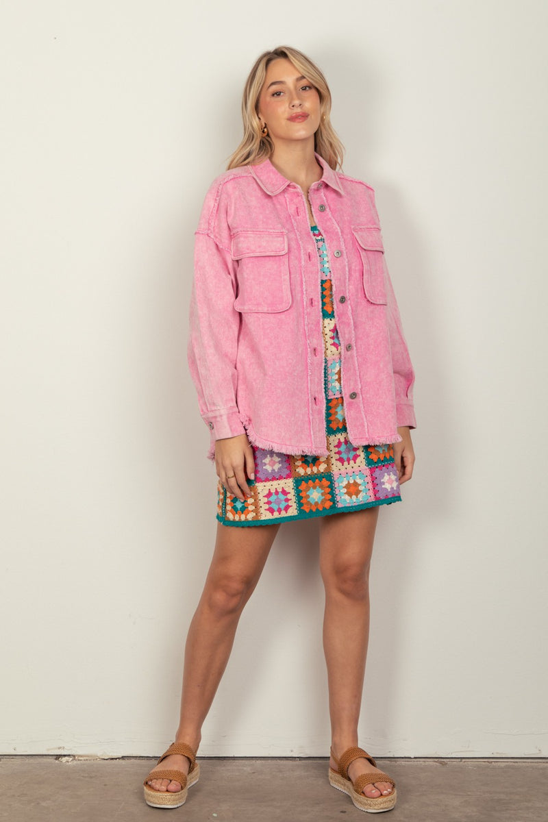 VERY J Full Size Button Up Raw Hem Long Sleeve Jacket - Brittney MADE