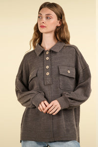 VERY J Collared Half Button Knit Top with Pockets - Brittney MADE