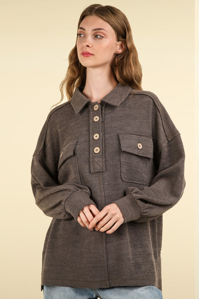 VERY J Collared Half Button Knit Top with Pockets - Brittney MADE