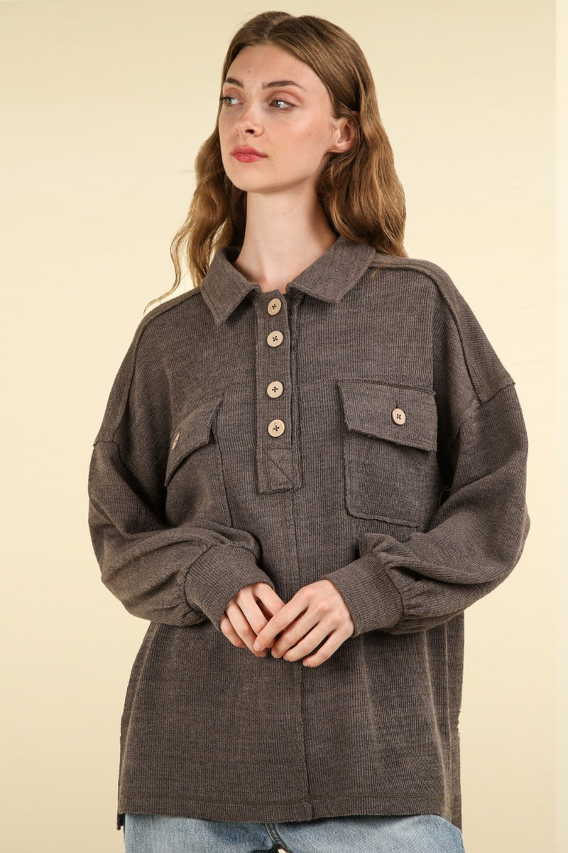 VERY J Collared Half Button Knit Top with Pockets - Brittney MADE