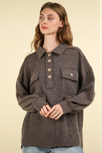 VERY J Collared Half Button Knit Top with Pockets - Brittney MADE
