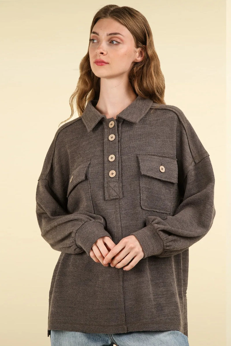 VERY J Collared Half Button Knit Top with Pockets - Brittney MADE