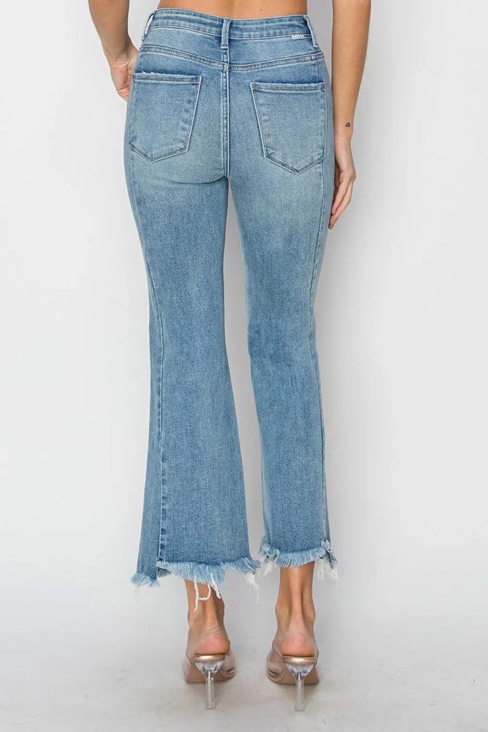 RISEN Full Size High Rise Frayed Hem Flare Jeans - Brittney MADE