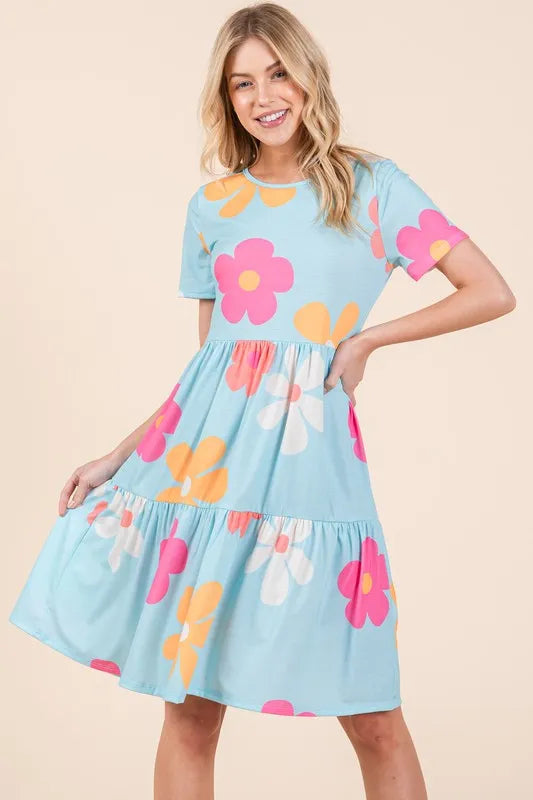 BOMBOM Floral Round Neck Short Sleeve Tiered Dress - Brittney MADE