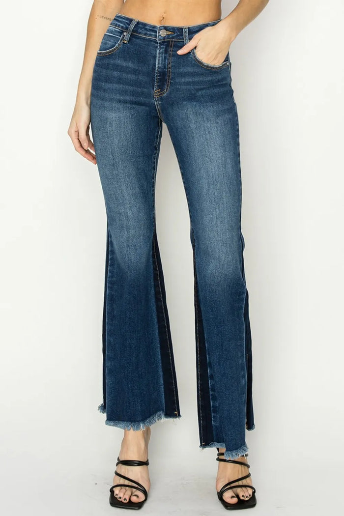 RISEN Full Size High Rise Side Shadow Seam Detail Slit Flare Jeans - Brittney MADE