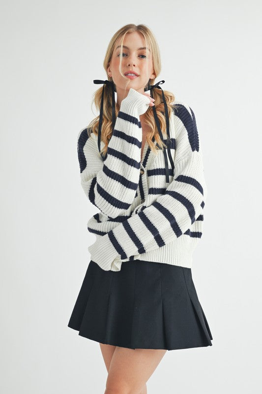 Aemi + Co Striped V-Neck Button Down Cardigan - Brittney MADE