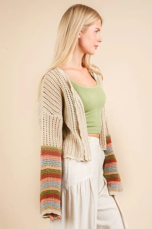 VERY J Color Block Bell Sleeve Openwork Cardigan - Brittney MADE