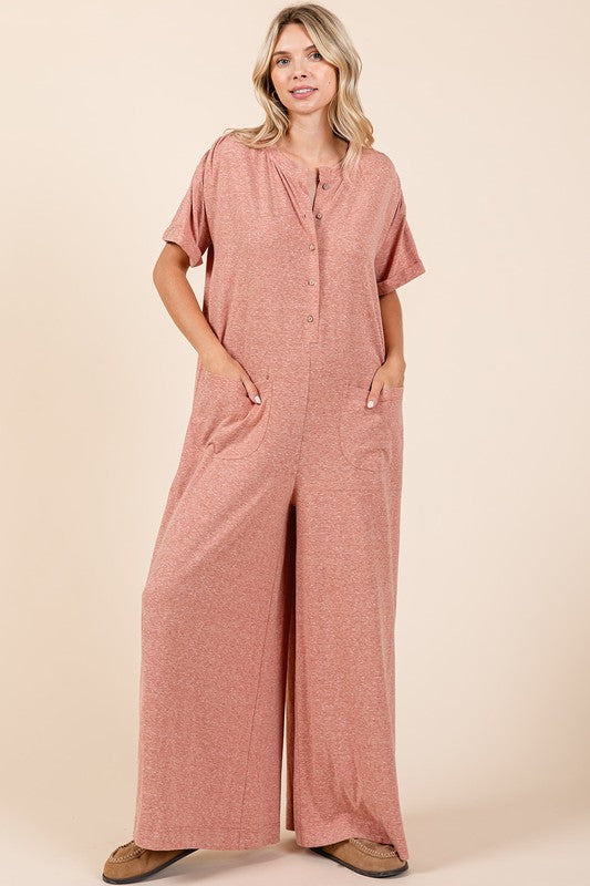 Mittoshop Button Detail Short Sleeve Wide Leg Jumpsuit - Brittney MADE