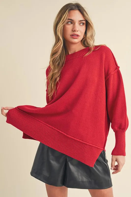 Aemi+Co Ribbed Hem Side Slit Round Neck Sweater - Brittney MADE