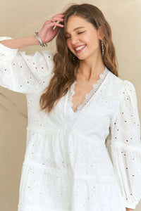 ADORA Lace Detail Tiered Eyelet V-Neck Babydoll Dress - Brittney MADE