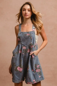 BiBi Flower Printed Wide Strap Denim Overalls - Brittney MADE