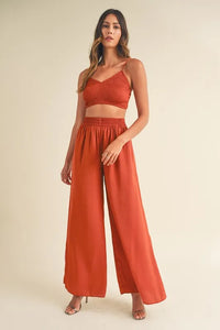 MABLE Smocked Bralette Crop Top and Wide Leg Pants Set - Brittney MADE