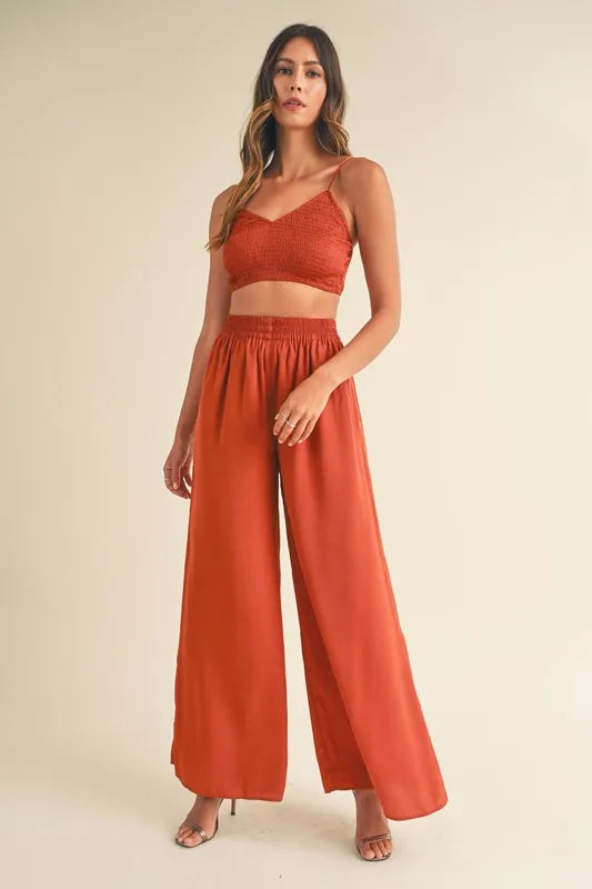 MABLE Smocked Bralette Crop Top and Wide Leg Pants Set - Brittney MADE
