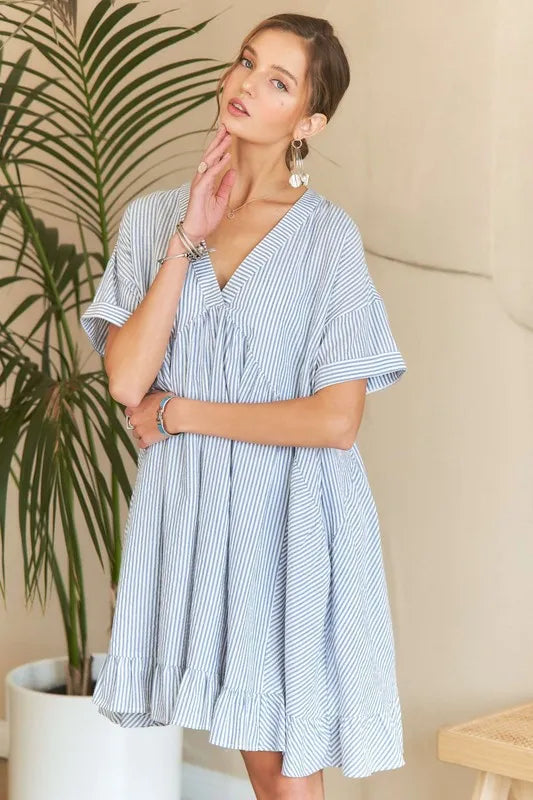 ADORA Ruffled Hem Striped V-Neck Babydoll Dress - Brittney MADE