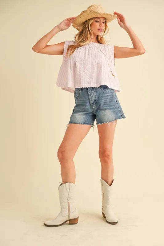 Aemi+Co Ruched Striped Round Neck Sleeveless Top - Brittney MADE