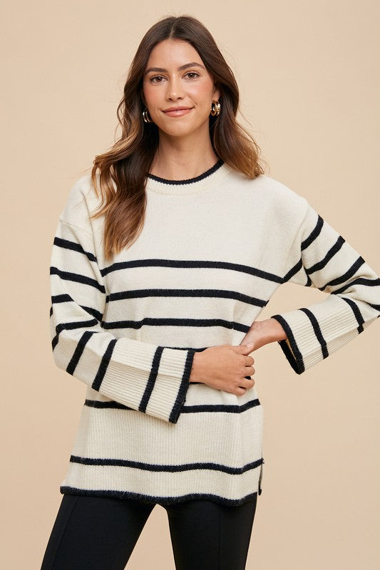 Annie Wear Side Slit Striped Round Neck Sweater - Brittney MADE