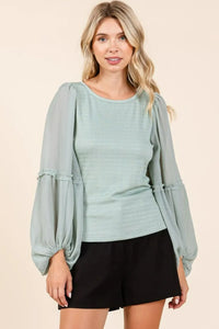 Mittoshop Mixed Media Textured Knit Chiffon Long Sleeve Top - Brittney MADE