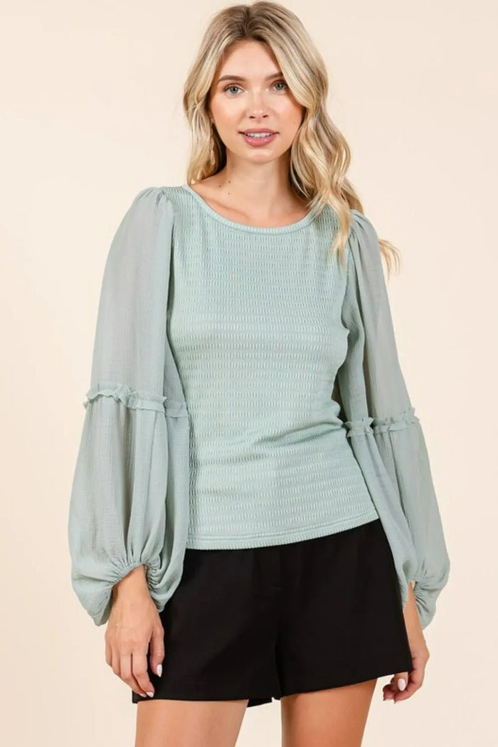 Mittoshop Mixed Media Textured Knit Chiffon Long Sleeve Top - Brittney MADE