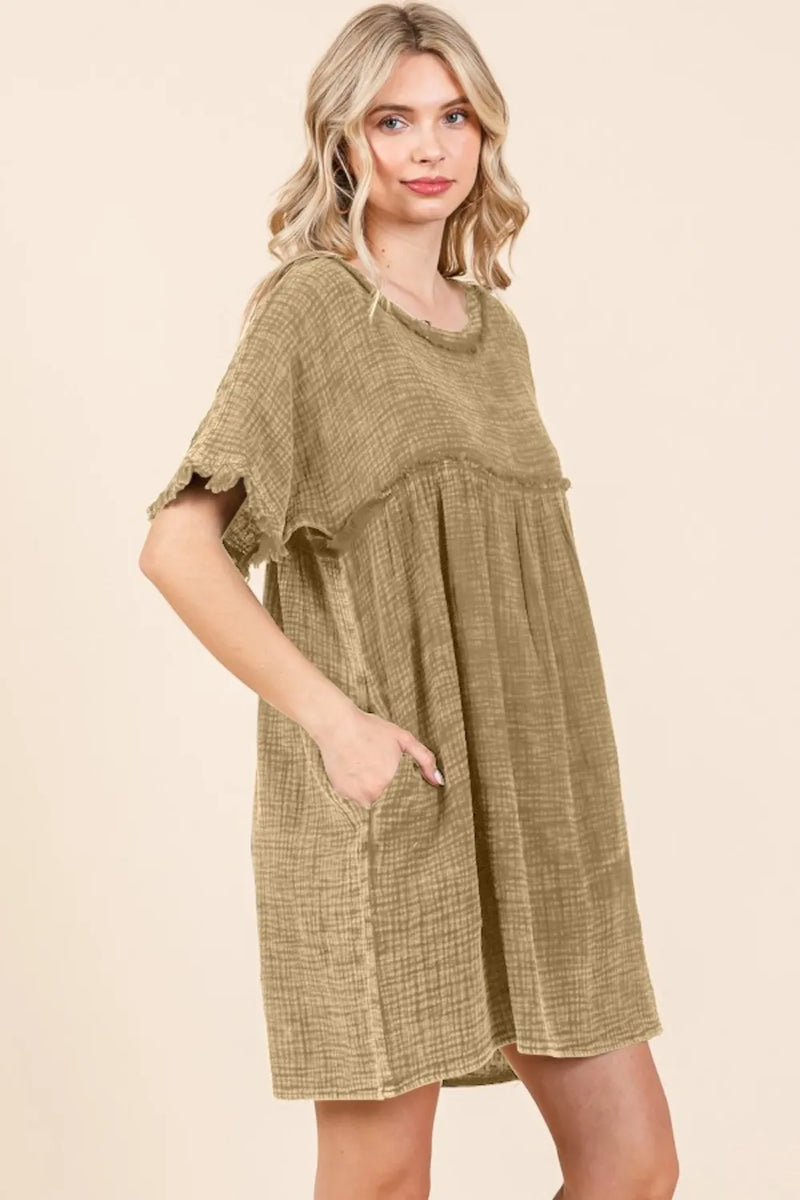Culture Code Full Size Short Sleeve Babydoll Texture Dress with Pockets - Brittney MADE