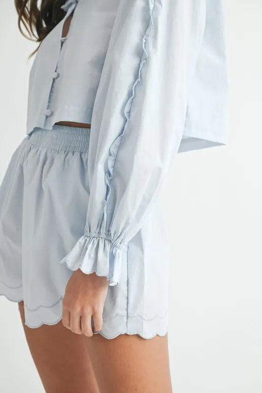 MABLE Long Sleeve Scallop Blouse and Shorts Set - Brittney MADE