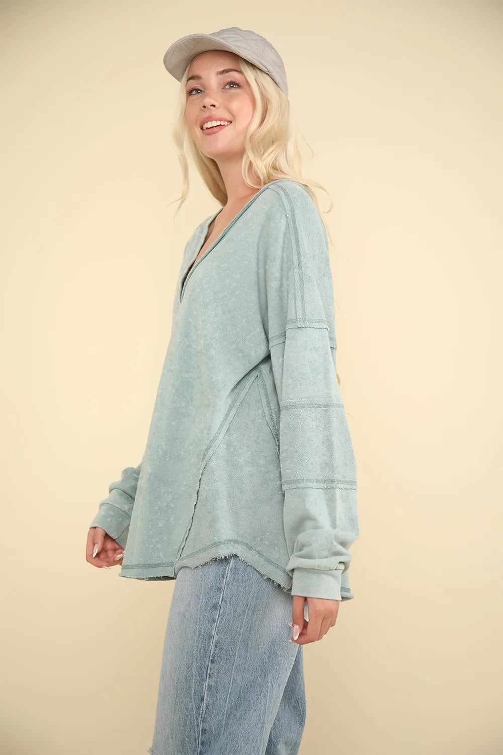 VERY J Washed V-Neck Exposed Seam Knit Top - Brittney MADE