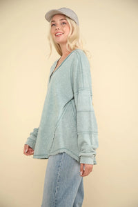 VERY J Washed V-Neck Exposed Seam Knit Top - Brittney MADE