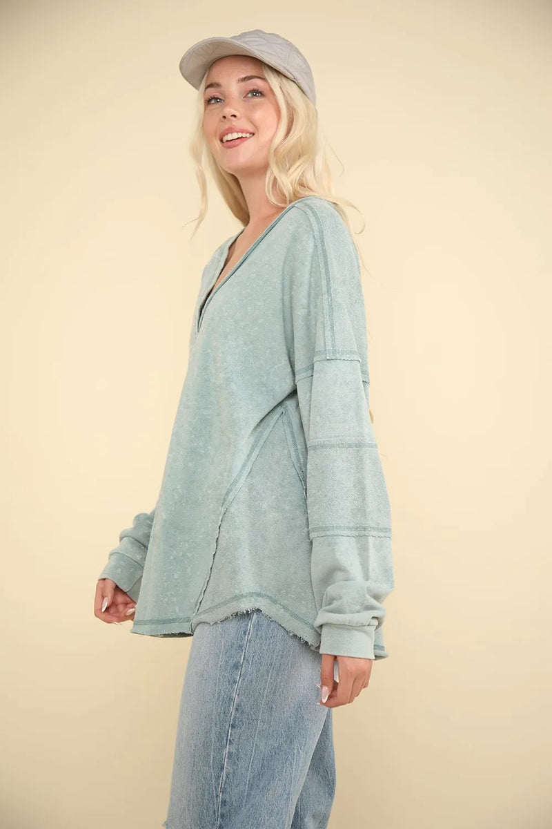 VERY J Washed V-Neck Exposed Seam Knit Top - Brittney MADE