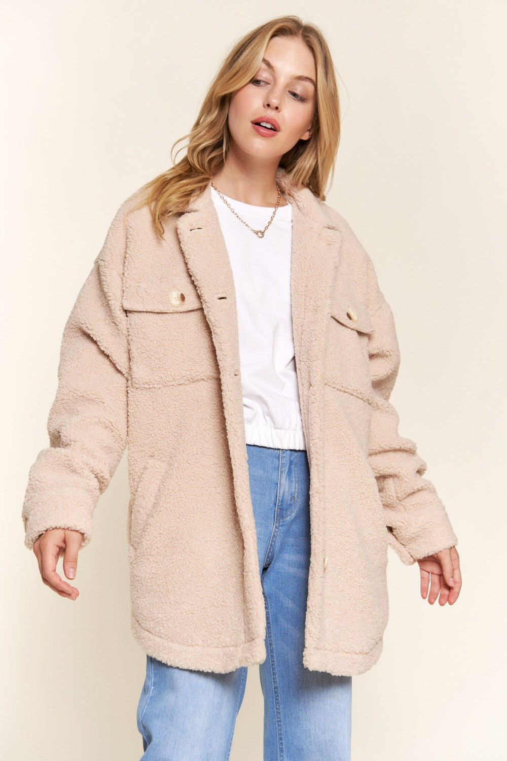 And The Why Teddy Sherpa Button Down Curved Hem Shacket - Brittney MADE