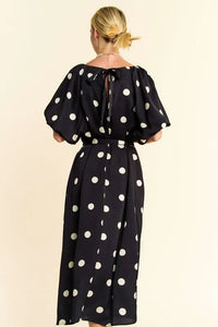 Davi & Dani Polka Dot Puff Sleeves Waist Tie Midi Dress - Brittney MADE