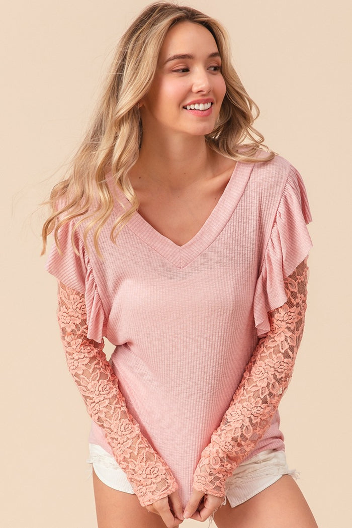 BiBi Ruffled Lace Sleeve Rib Knit Top - Brittney MADE