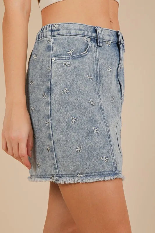 VERY J Bow Printed Casual Denim Mini Skirt - Brittney MADE