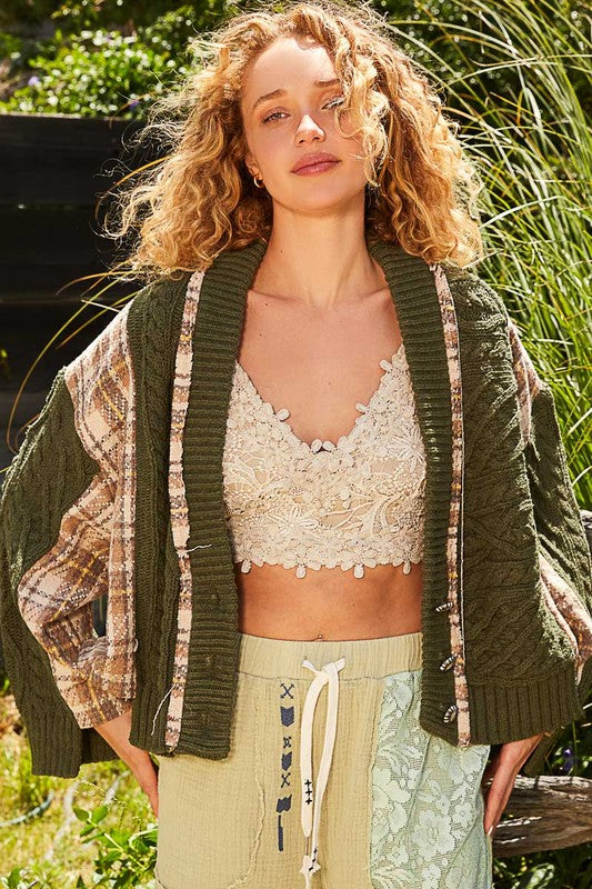 POL Cable-Knit Plaid V-Neck Button Up Cardigan - Brittney MADE
