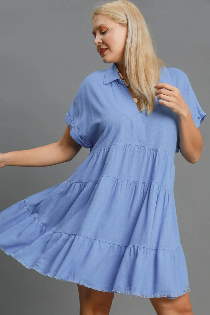Umgee Full Size Raw Hem Folded Sleeve Tiered Dress Plus Size - Brittney MADE