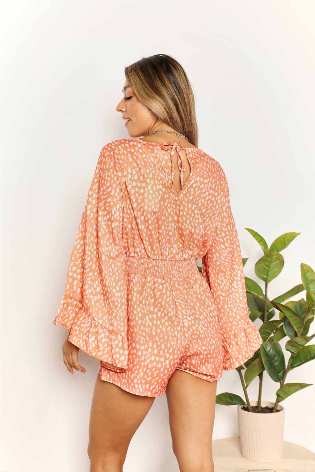Double Take Printed Flare Sleeve Surplice Romper - Brittney MADE