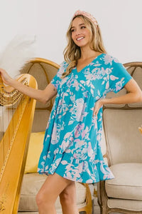 BiBi Floral Crinkle Shirred Ruffle Detail V Neck Dress - Brittney MADE