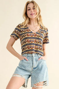And The Why Printed V Neck Cropped T-Shirt - Brittney MADE