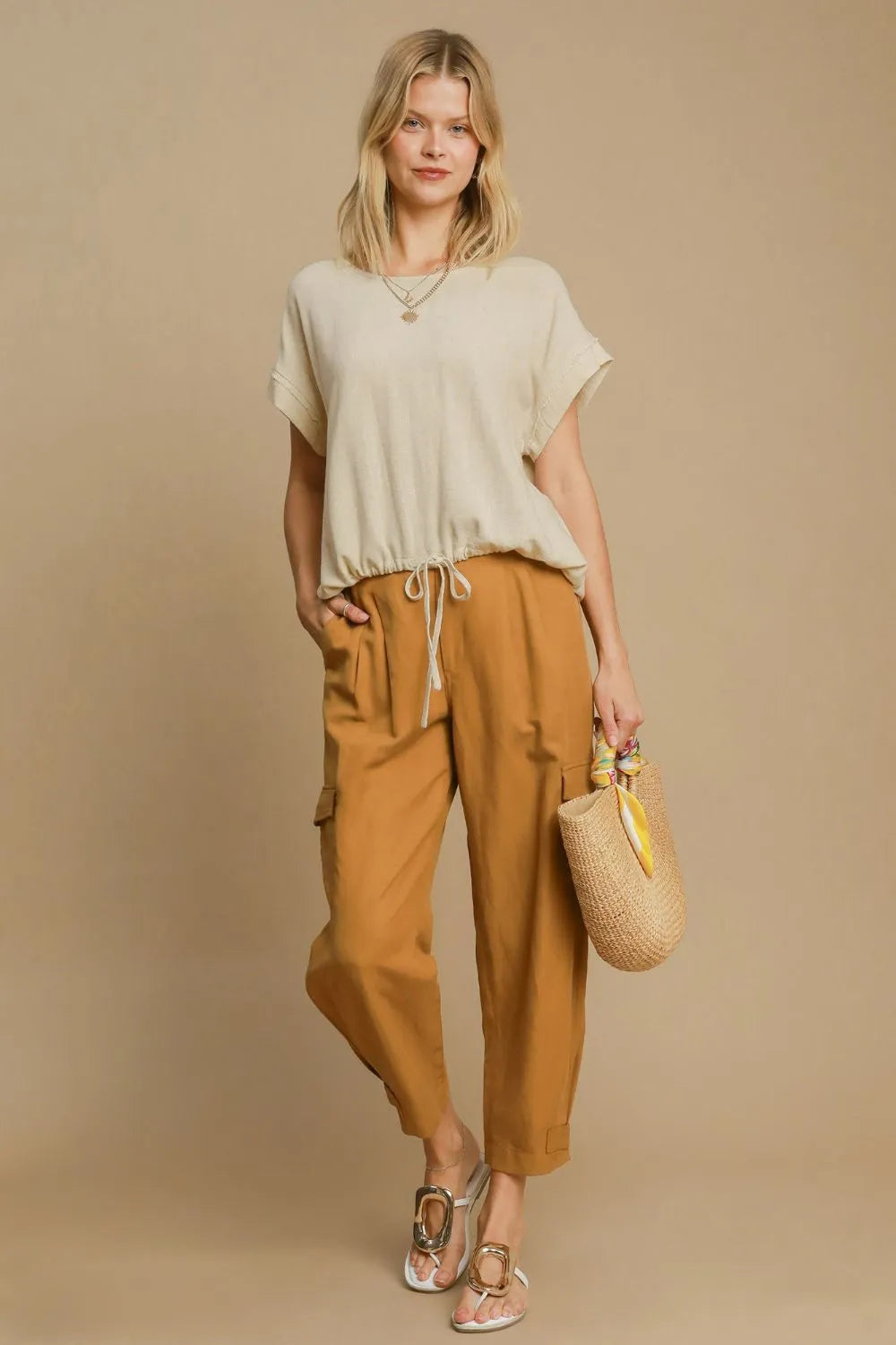 Umgee Drawstring Hem Round Neck Short Sleeve T-Shirt - Brittney MADE