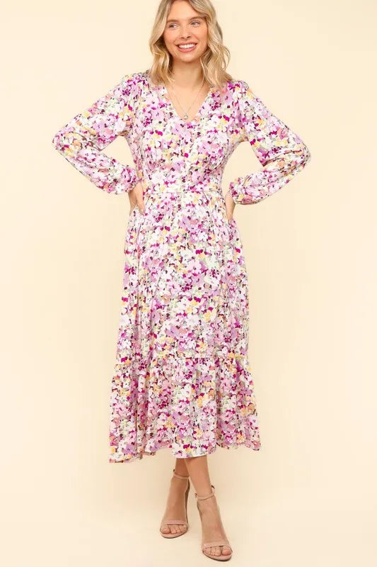 Haptics Full Size Floral V-Neck Long Sleeve Dress with Side Pockets - Brittney MADE