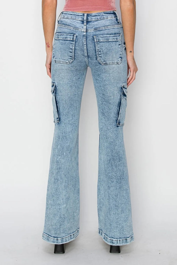 RISEN Full Size High Rise Cargo Flare Jeans - Brittney MADE