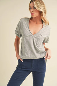 Aemi + Co Side Slit V-Neck Short Rolled Sleeve T-Shirt - Brittney MADE
