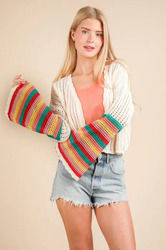 VERY J Color Block Bell Sleeve Openwork Cardigan - Brittney MADE