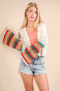 VERY J Color Block Bell Sleeve Openwork Cardigan - Brittney MADE