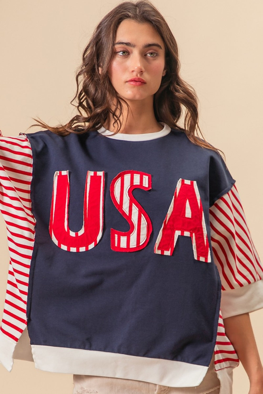 BiBi USA Letter Patchwork Contrast Short Sleeve T-Shirt - Brittney MADE