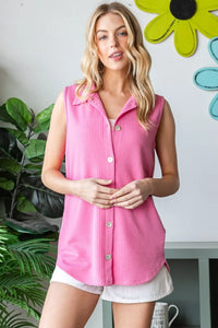 Heimish Full Size Texture Button Up Sleeveless Top - Brittney MADE