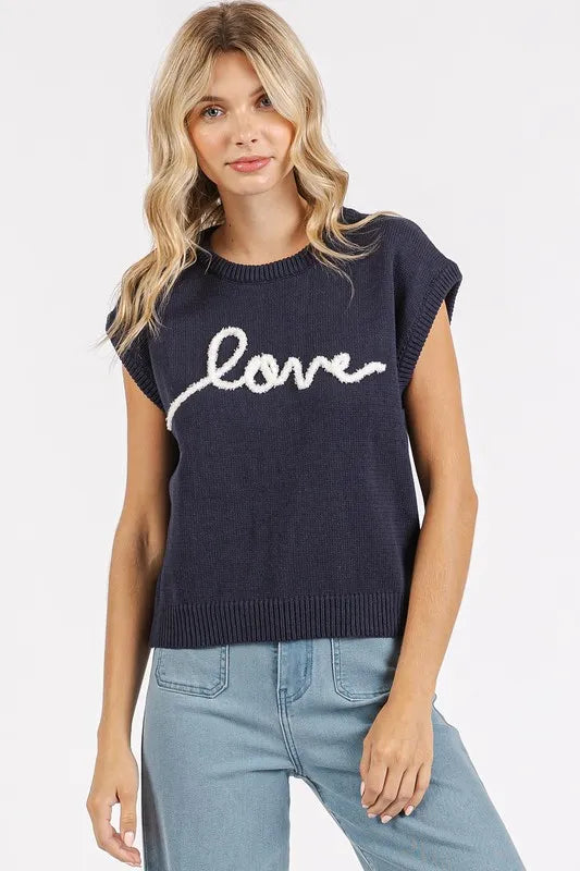 Mittoshop Contrast Letter Round Neck Cap Sleeve Knit Top - Brittney MADE